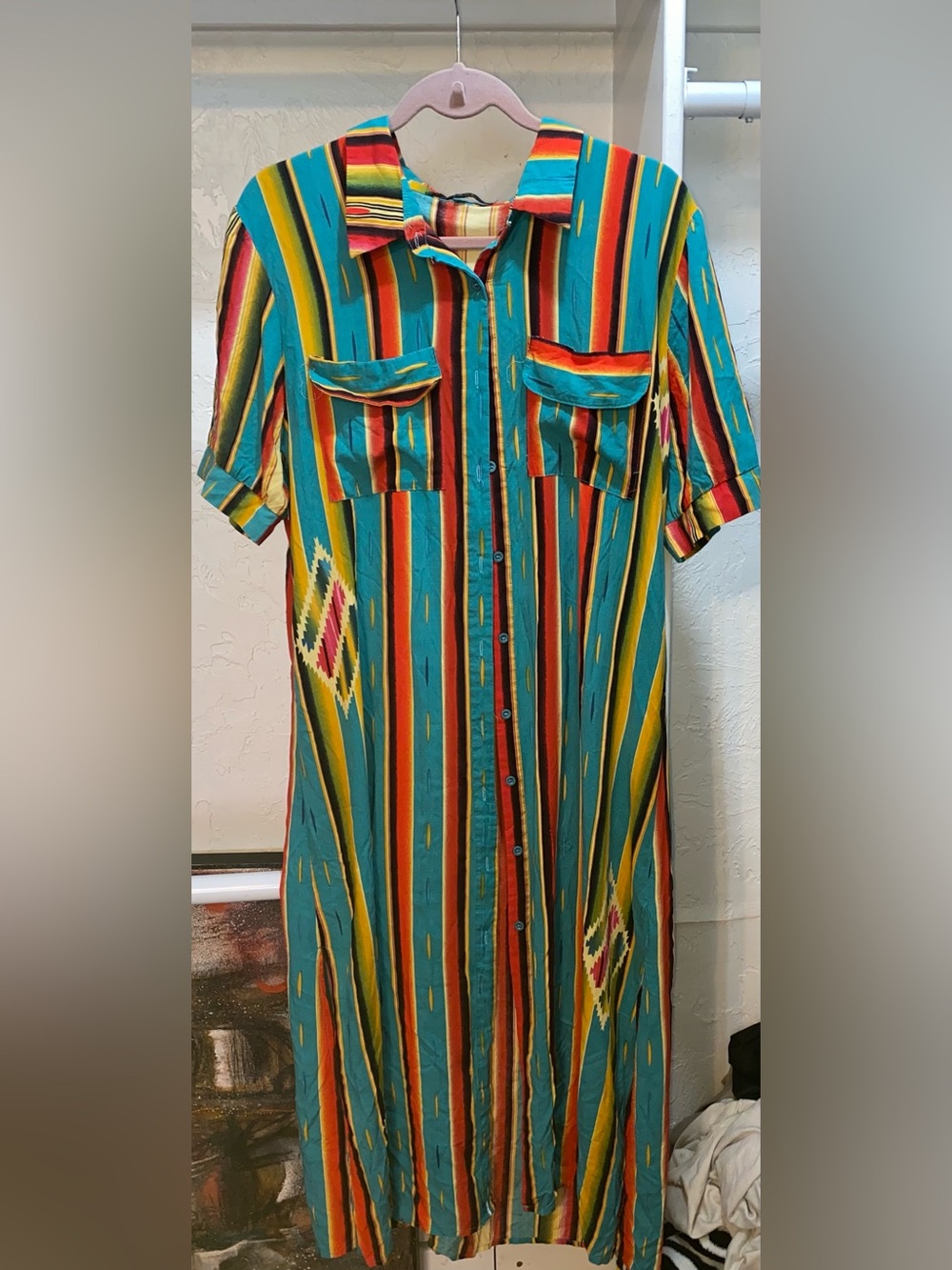 Striped Button-Front Maxi Dress in Teal & Multicolor